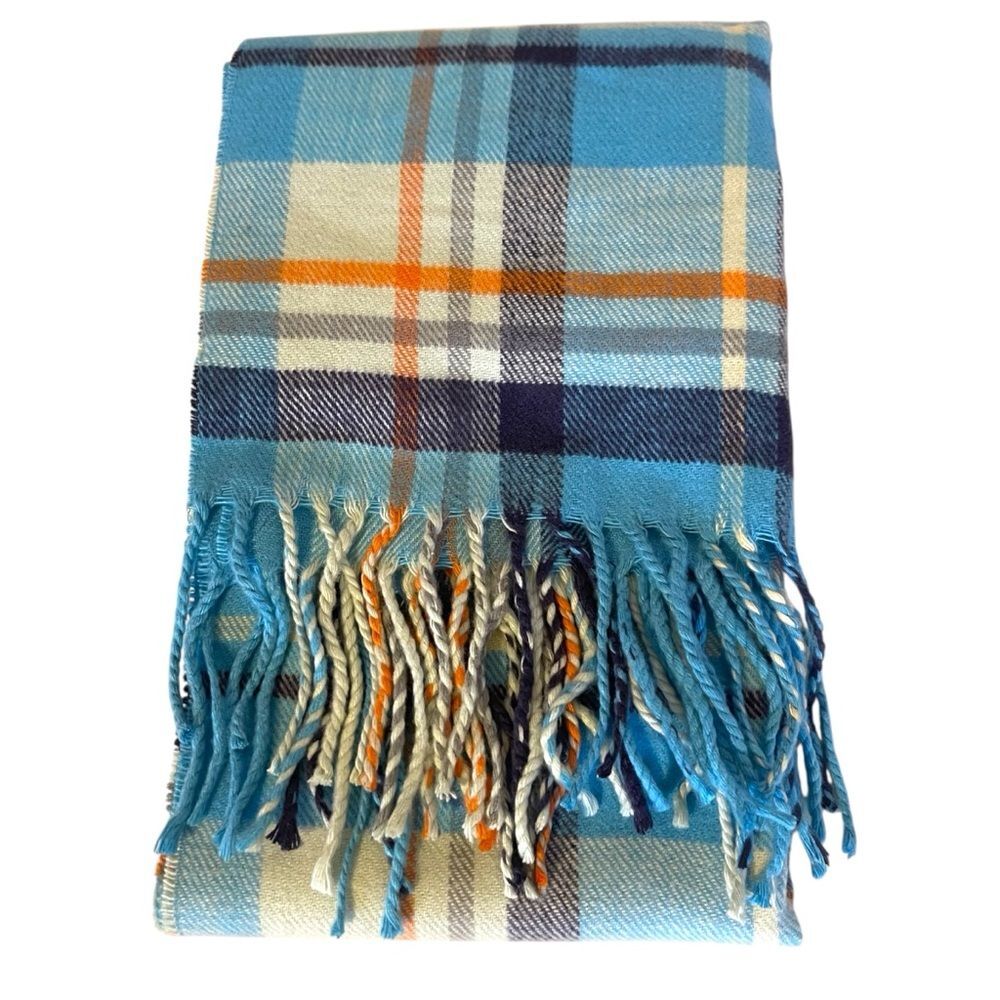 Cashmere Blue Plaid Fringe Scarf Made in Scotland 66 x 11.5
